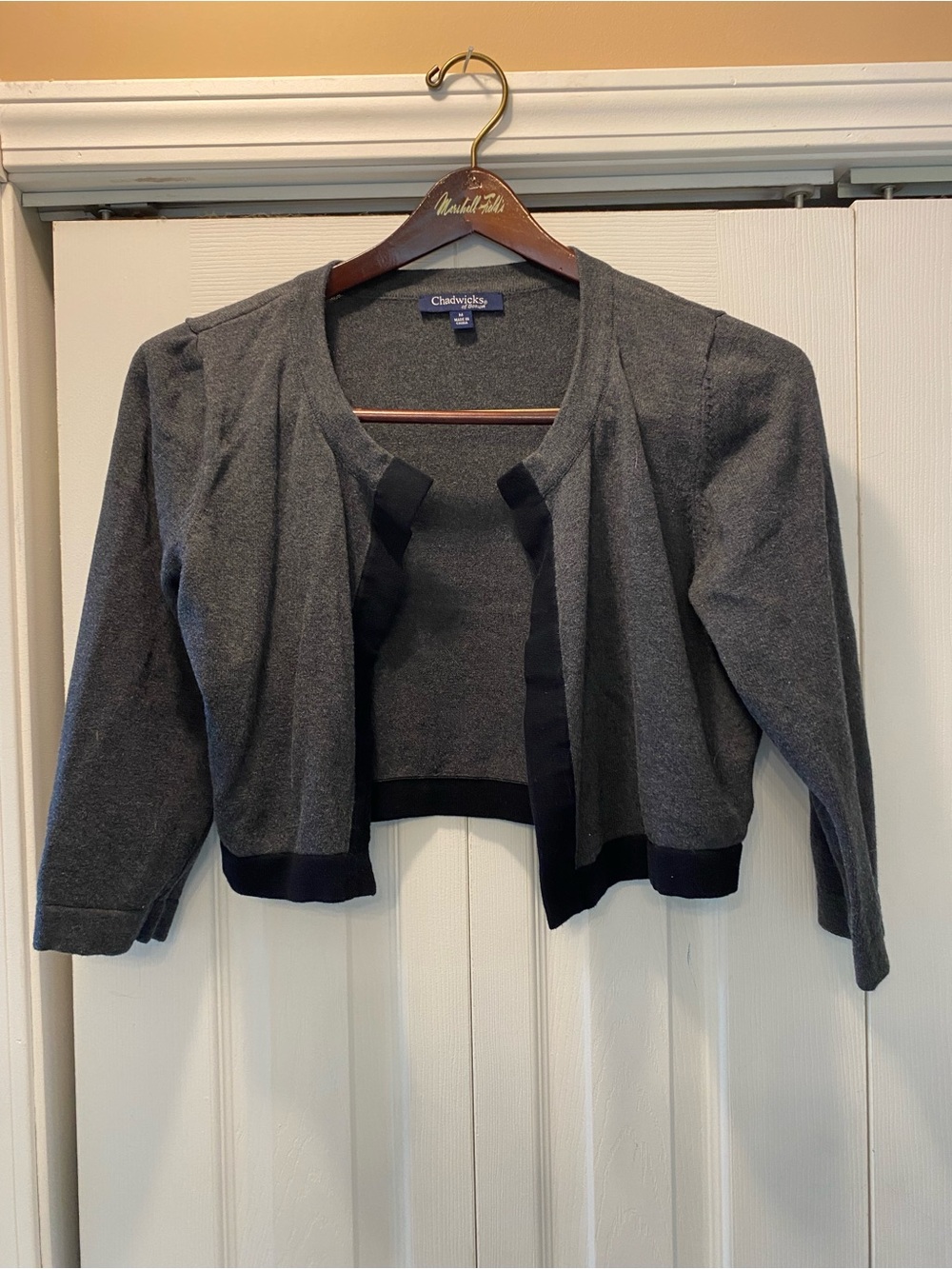 Chadwicks Gray Cropped Open-Front Cardigan with Black Trim